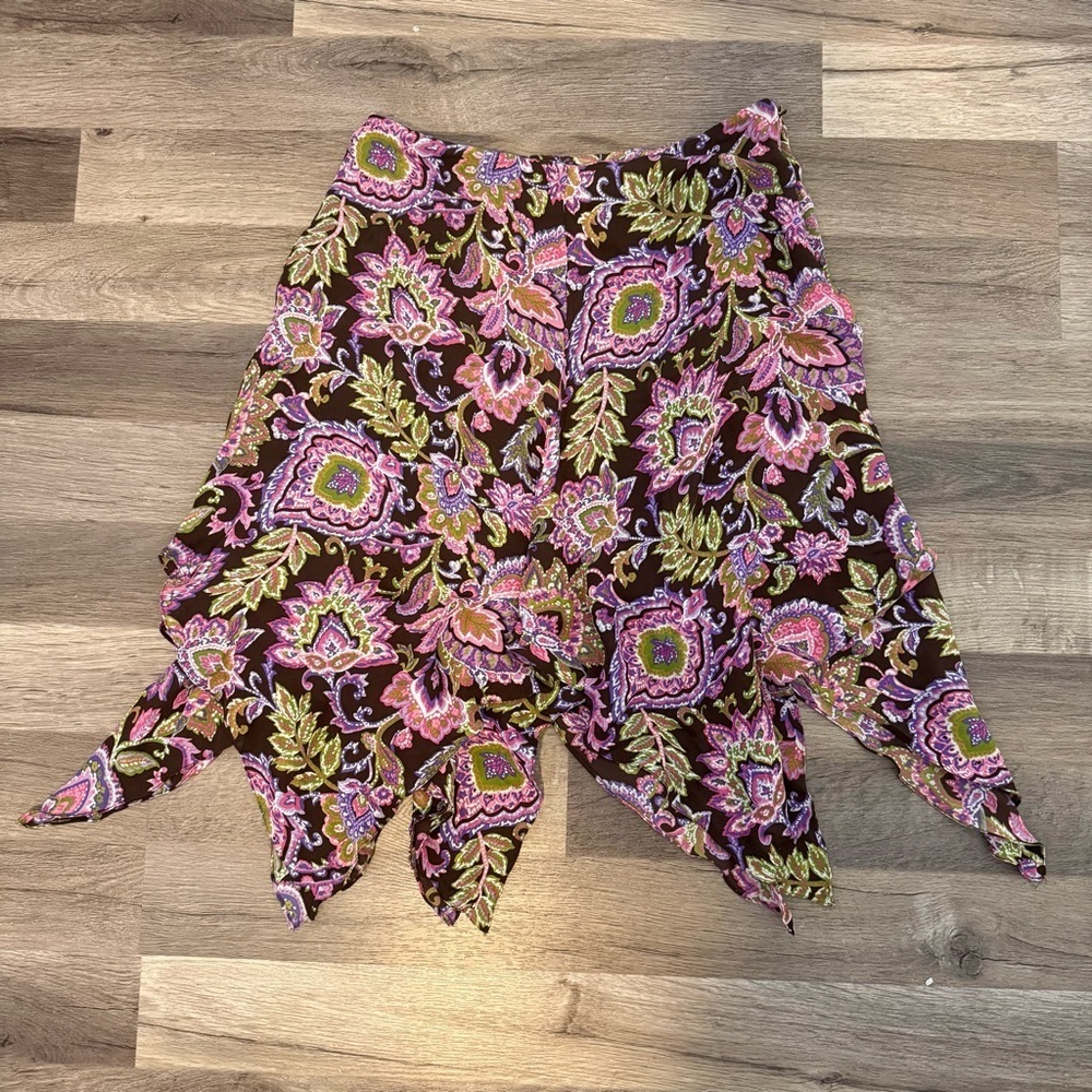 Jones New York Brown Pink Paisley Y2K Fairycore 100% Silk Skirt Whimsy Sz 10P